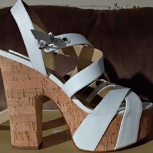 Michael Kors White Leather Cork Platform Sandals